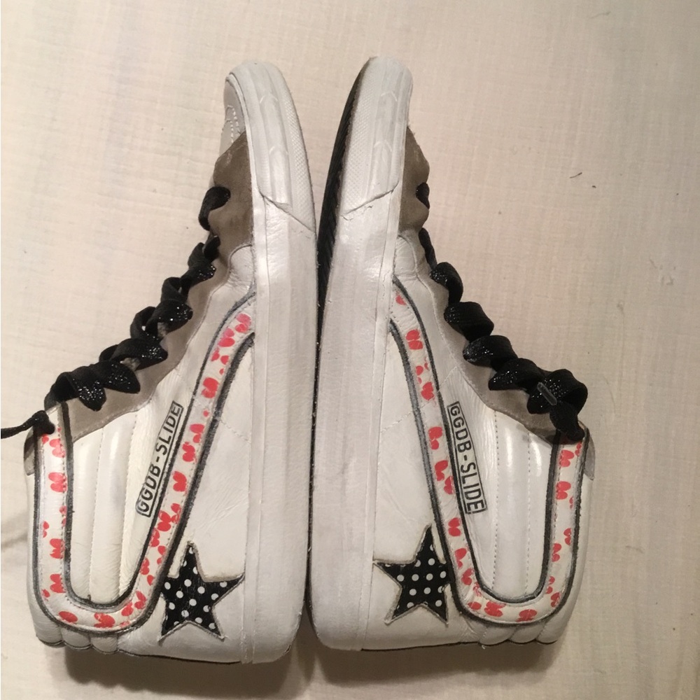 Golden Goose White High-Top Sneakers with Black Star & Pink Heart Trim
